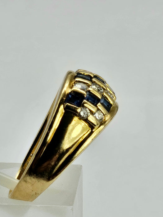 6510 Vintage: 18ct Yellow Gold Blue Sapphire & Diamond Chequerboard Half Hoop Ring