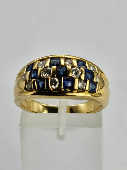 6510 Vintage: 18ct Yellow Gold Blue Sapphire & Diamond Chequerboard Half Hoop Ring