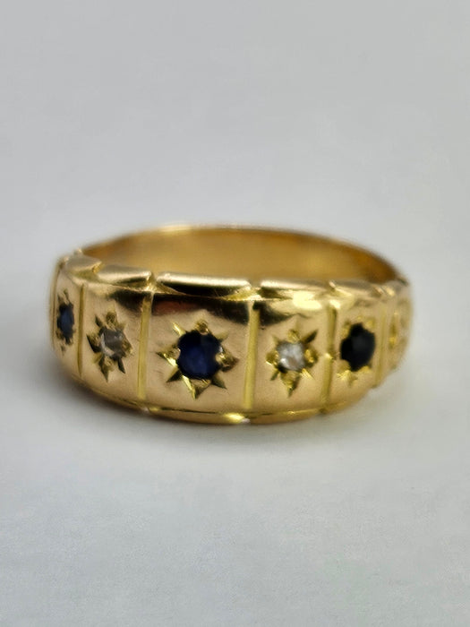 6511 Antique: Victorian 18ct Yellow Gold Sapphire & Rose Cut Diamond Five-Stone Half Hoop Ring