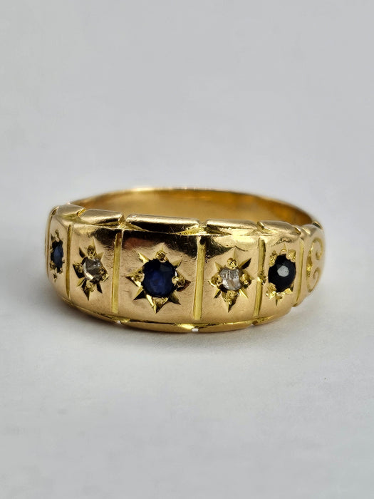 6511 Antique: Victorian 18ct Yellow Gold Sapphire & Rose Cut Diamond Five-Stone Half Hoop Ring