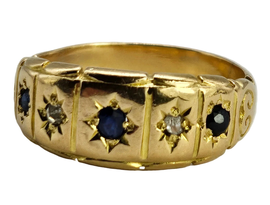 6511 Antique: Victorian 18ct Yellow Gold Sapphire & Rose Cut Diamond Five-Stone Half Hoop Ring