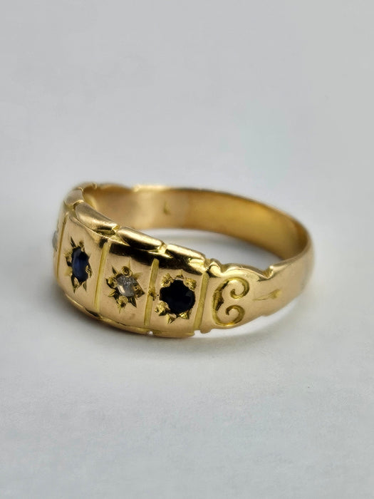 6511 Antique: Victorian 18ct Yellow Gold Sapphire & Rose Cut Diamond Five-Stone Half Hoop Ring