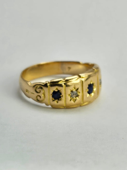 6511 Antique: Victorian 18ct Yellow Gold Sapphire & Rose Cut Diamond Five-Stone Half Hoop Ring