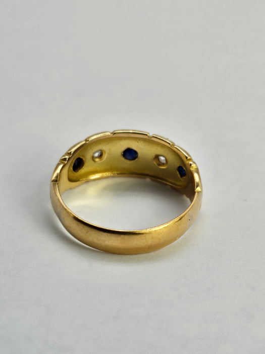 6511 Antique: Victorian 18ct Yellow Gold Sapphire & Rose Cut Diamond Five-Stone Half Hoop Ring