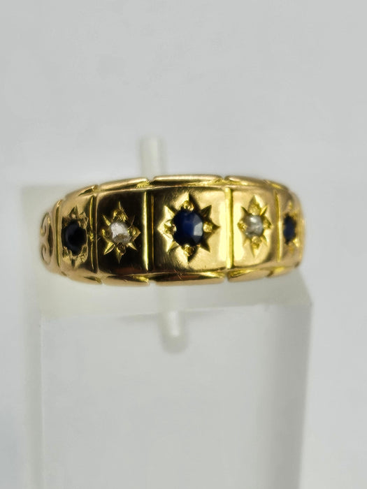 6511 Antique: Victorian 18ct Yellow Gold Sapphire & Rose Cut Diamond Five-Stone Half Hoop Ring
