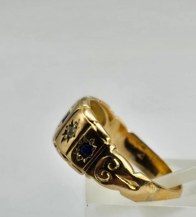 6511 Antique: Victorian 18ct Yellow Gold Sapphire & Rose Cut Diamond Five-Stone Half Hoop Ring