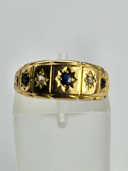 6511 Antique: Victorian 18ct Yellow Gold Sapphire & Rose Cut Diamond Five-Stone Half Hoop Ring