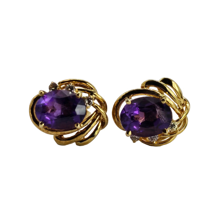 1196: Vintage: 18ct Gold Deep Purple Amethyst Diamond Earrings - LUSH