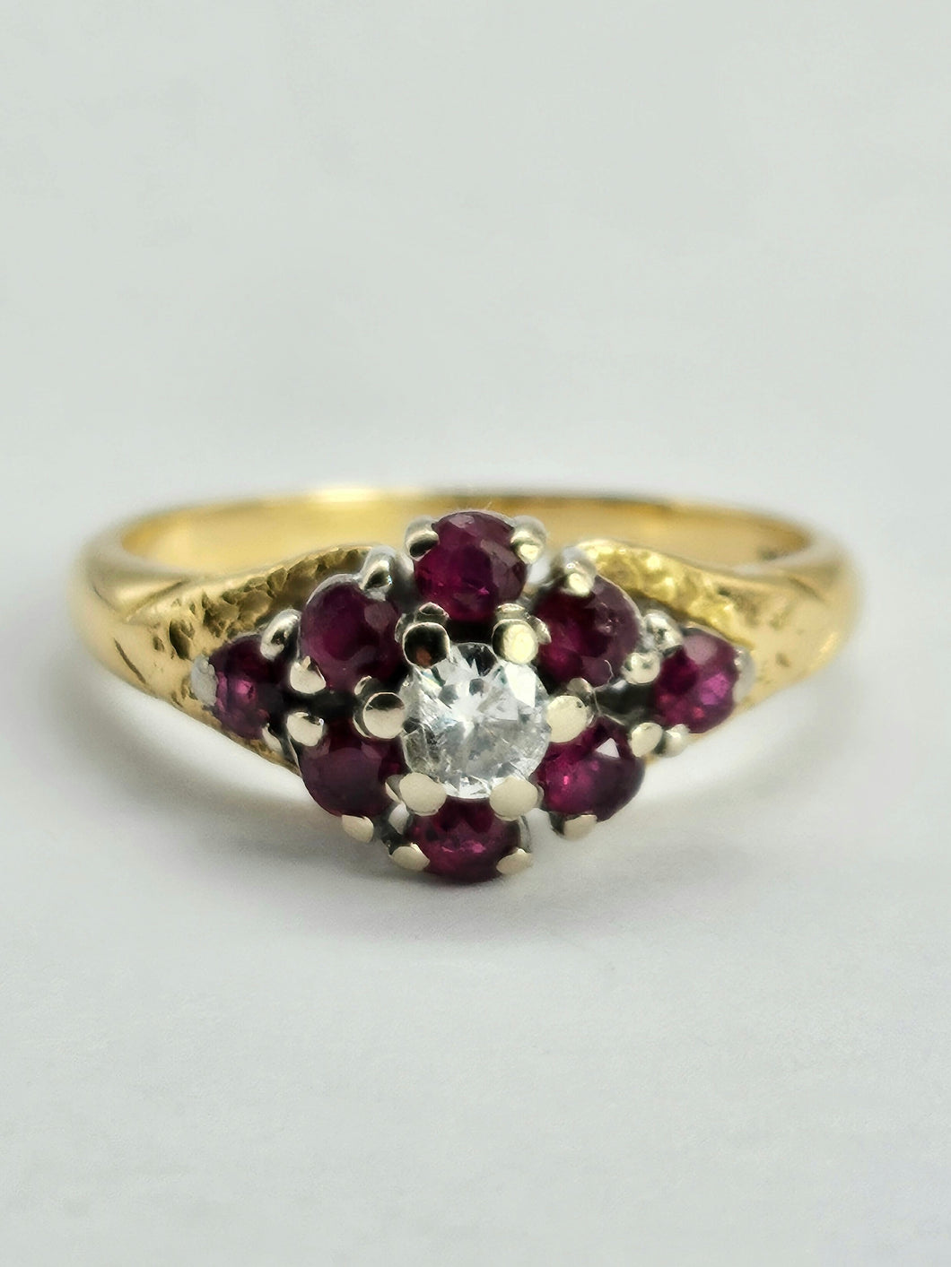 1206: Vintage; 18ct Gold Rubies Diamond Cluster Ring- rare design, lovely stones