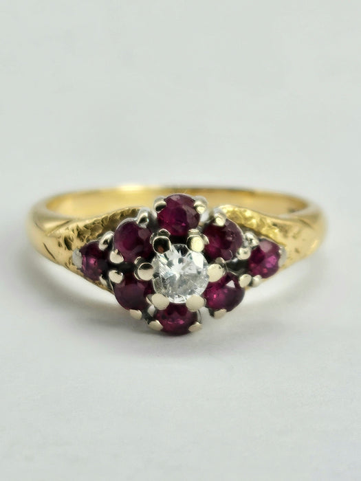 1206 Vintage: 18ct Yellow Gold Ruby & Diamond Cluster Ring