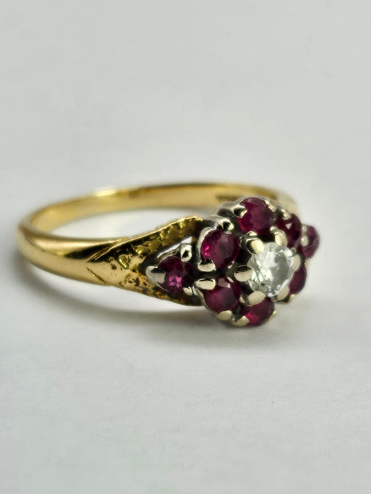 1206 Vintage: 18ct Yellow Gold Ruby & Diamond Cluster Ring