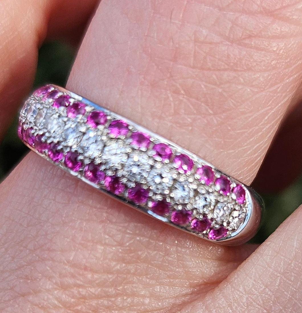 1110: Vintage: 18ct White Gold Pink  Rubies Diamonds Tiered Half-Eternity Ring-Luscious