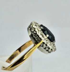 1451:   Vintage:: 18ct Gold French Blue Sapphire Diamonds Platinum Set Ring- Diana cluster