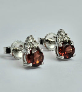 1163: Vintage: 9ct Gold Almandine Garnets Diamonds Stud Earrings- delightful combination