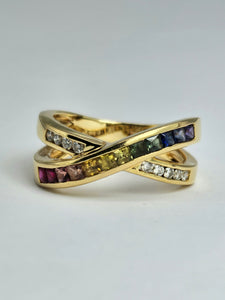 1167: Vintage: Statement 18ct Gold Diamonds Mixed Colour Sapphires Crossover Ring- UPDATED