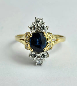 1450: Vintage Old: 18ct Gold French Blue Sapphire 16 Diamonds Marquise Set Ring- Ooh La La!