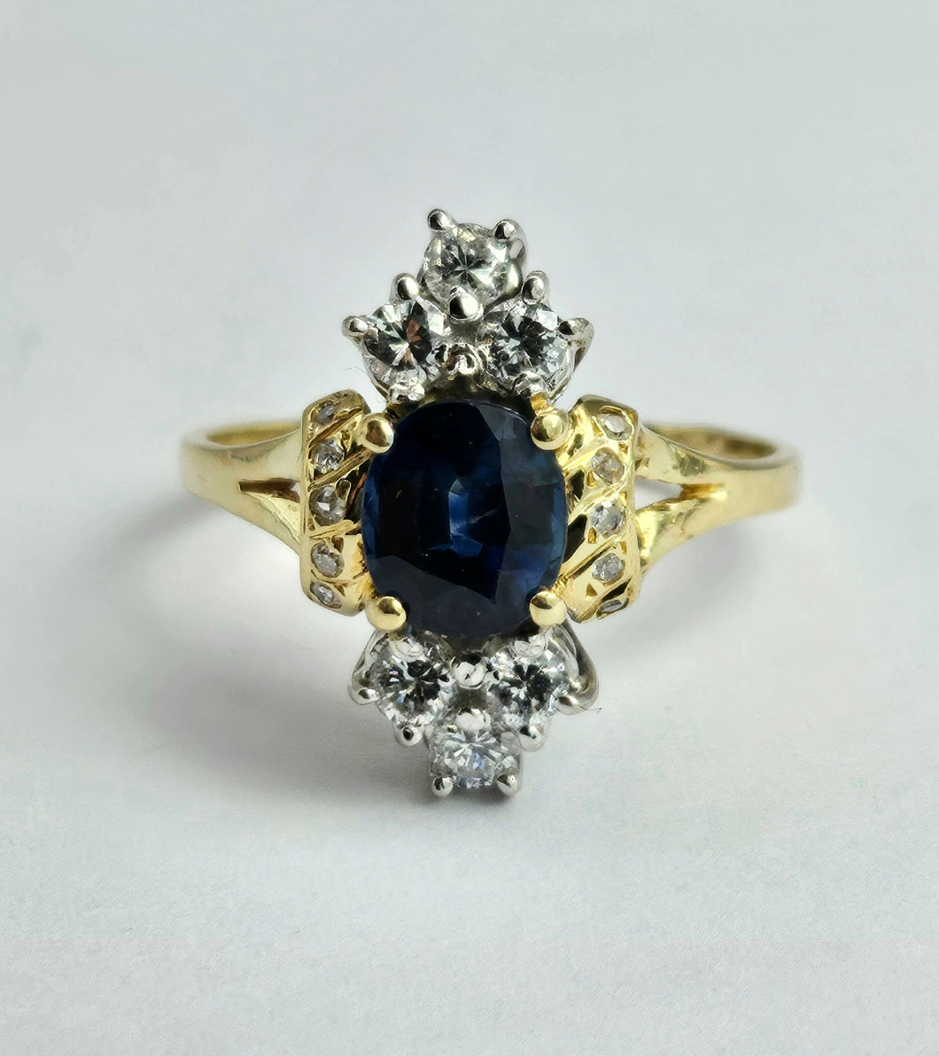 1450: Vintage Old: 18ct Gold French Blue Sapphire 16 Diamonds Marquise Set Ring- Ooh La La!