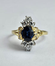 Cargar imagen en el visor de la galería, 1450: Vintage Old: 18ct Gold French Blue Sapphire 16 Diamonds Marquise Set Ring- Ooh La La!
