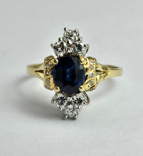 Cargar imagen en el visor de la galería, 1450: Vintage Old: 18ct Gold French Blue Sapphire 16 Diamonds Marquise Set Ring- Ooh La La!
