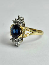 Cargar imagen en el visor de la galería, 1450: Vintage Old: 18ct Gold French Blue Sapphire 16 Diamonds Marquise Set Ring- Ooh La La!

