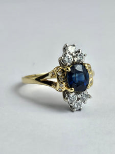 1450: Vintage Old: 18ct Gold French Blue Sapphire 16 Diamonds Marquise Set Ring- Ooh La La!