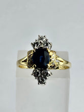 Cargar imagen en el visor de la galería, 1450: Vintage Old: 18ct Gold French Blue Sapphire 16 Diamonds Marquise Set Ring- Ooh La La!
