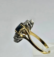 Cargar imagen en el visor de la galería, 1450: Vintage Old: 18ct Gold French Blue Sapphire 16 Diamonds Marquise Set Ring- Ooh La La!
