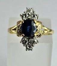 Cargar imagen en el visor de la galería, 1450: Vintage Old: 18ct Gold French Blue Sapphire 16 Diamonds Marquise Set Ring- Ooh La La!
