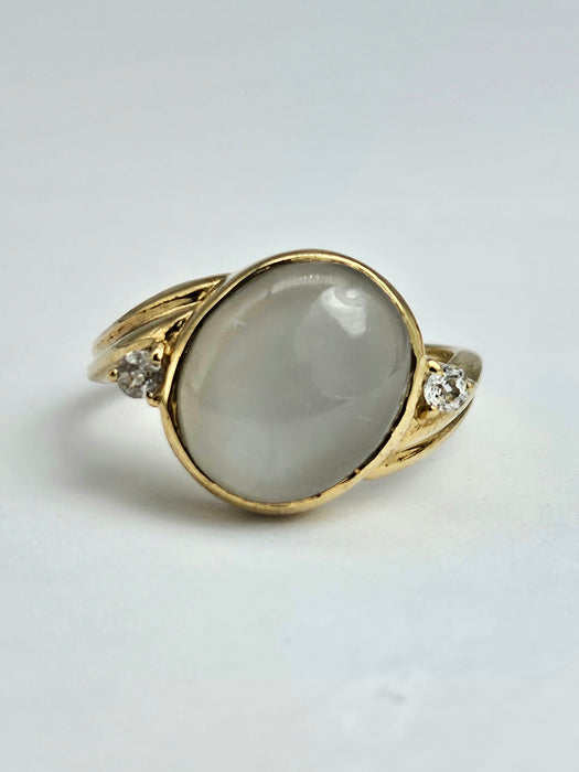 6036 Vintage: 9ct Gold Large White Moonstone Sapphire Accents Cocktail Ring