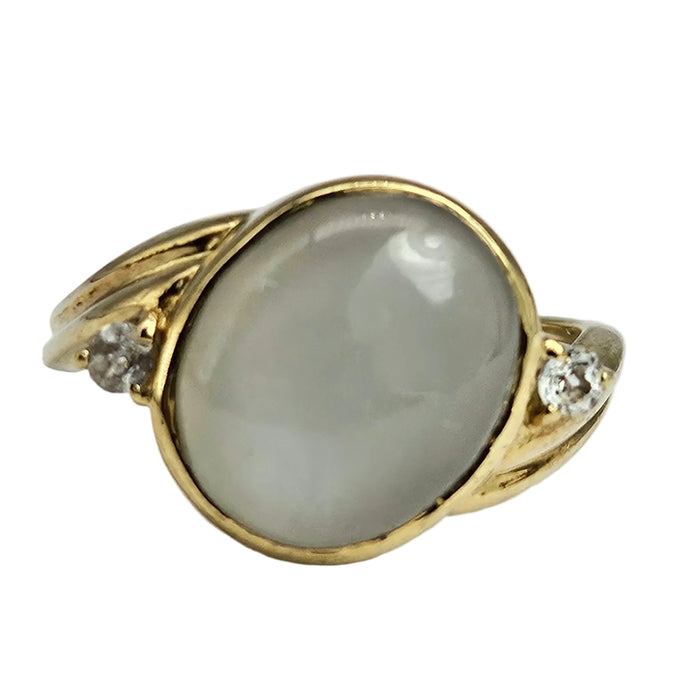 6036 Vintage: 9ct Gold Large White Moonstone Sapphire Accents Cocktail Ring