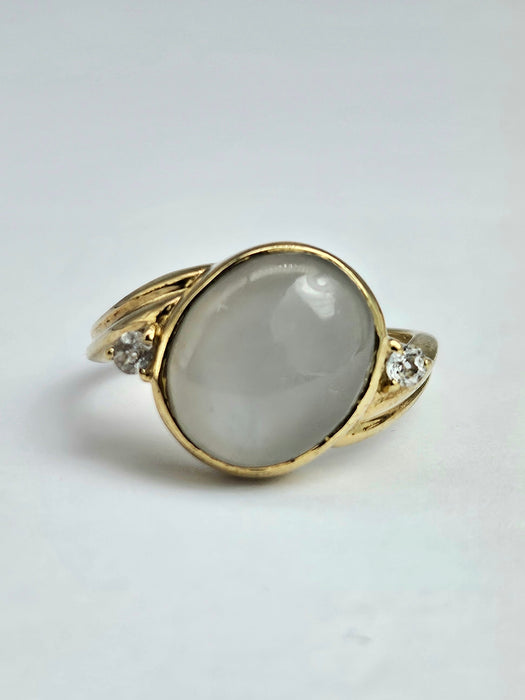 6036 Vintage: 9ct Gold Large White Moonstone Sapphire Accents Cocktail Ring