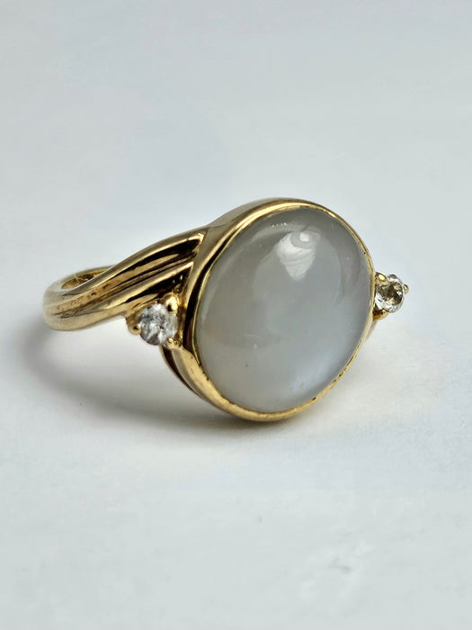 6036 Vintage: 9ct Gold Large White Moonstone Sapphire Accents Cocktail Ring