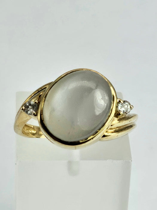 6036 Vintage: 9ct Gold Large White Moonstone Sapphire Accents Cocktail Ring