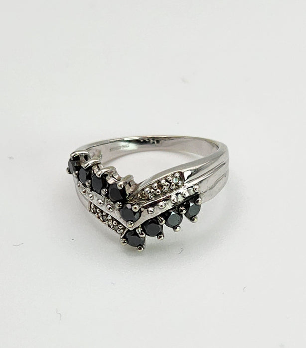 1436: Vintage: 9ct White Gold Black White Diamonds Cocktail Ring-Lush
