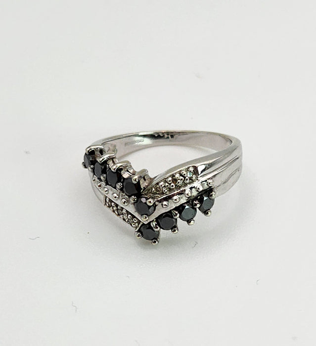 1436: Vintage: 9ct White Gold Black White Diamonds Cocktail Ring-Lush
