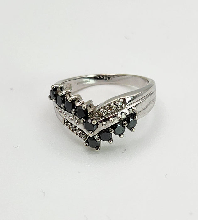 1436: Vintage: 9ct White Gold Black White Diamonds Cocktail Ring-Lush