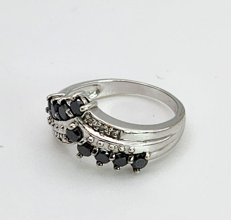 1436: Vintage: 9ct White Gold Black White Diamonds Cocktail Ring-Lush