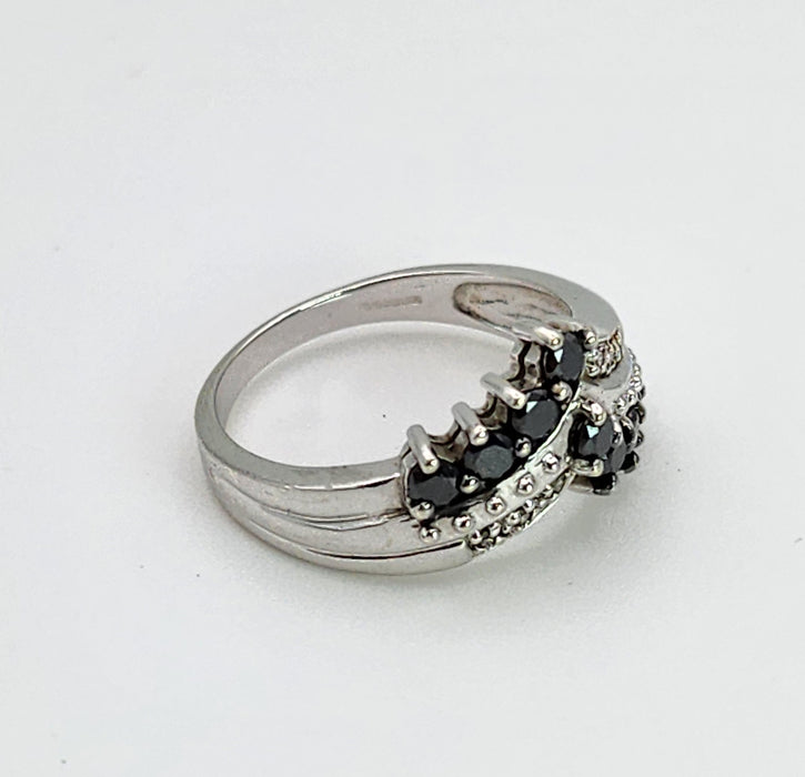 1436: Vintage: 9ct White Gold Black White Diamonds Cocktail Ring-Lush