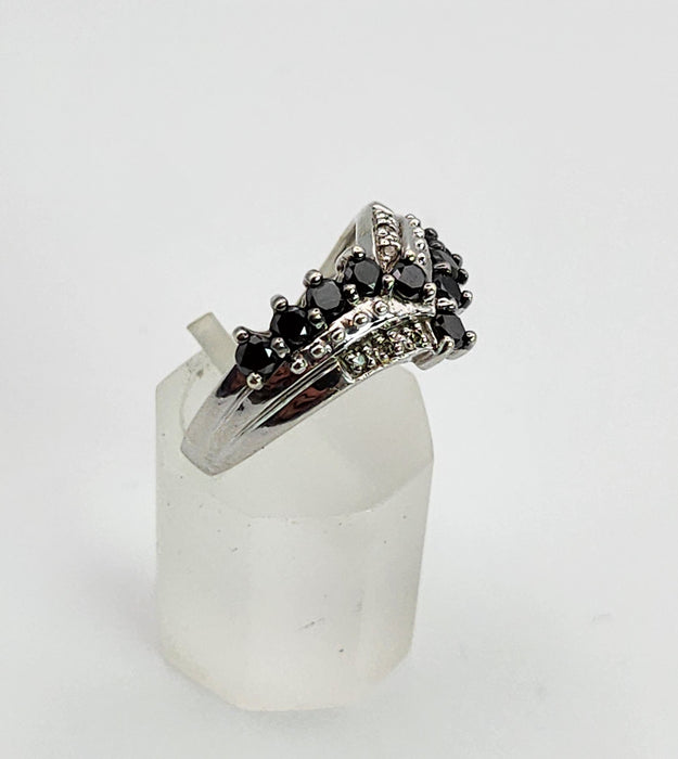 1436: Vintage: 9ct White Gold Black White Diamonds Cocktail Ring-Lush