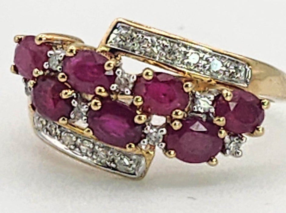 1157: Vintage; 9ct Gold Abstract Cluster Rubies Diamonds Ring- striking design
