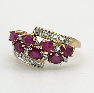 1157: Vintage; 9ct Gold Abstract Cluster Rubies Diamonds Ring- striking design