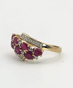 1157: Vintage; 9ct Gold Abstract Cluster Rubies Diamonds Ring- striking design