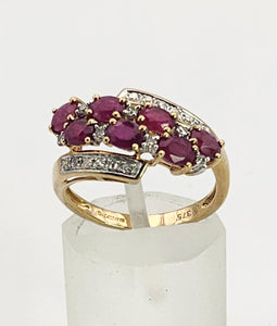 1157: Vintage; 9ct Gold Abstract Cluster Rubies Diamonds Ring- striking design