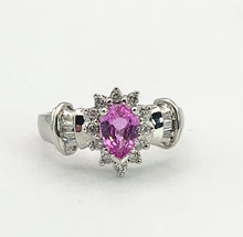 Cargar imagen en el visor de la galería, 1181: Vintage: 14ct White Gold Pink Sapphires 18 Diamonds Cocktail Ring- sparkling beauty
