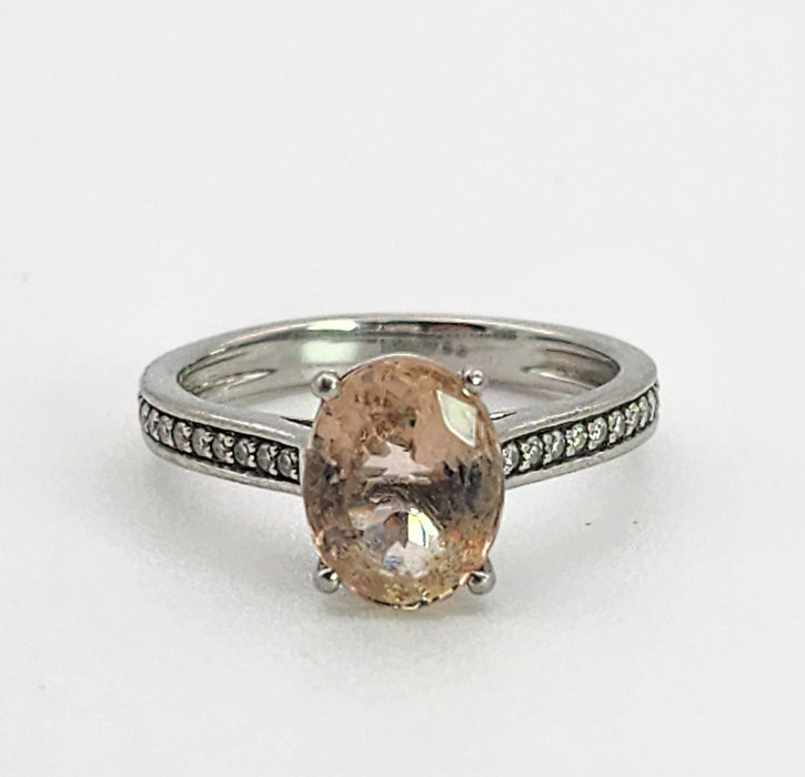 1353: Vintage; Platinum Pink Morganite 20 Diamonds Ring- pitch perfect pink, platinum