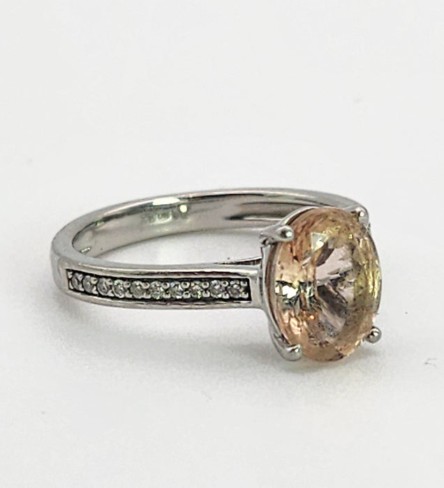 1353: Vintage; Platinum Pink Morganite 20 Diamonds Ring- pitch perfect pink, platinum