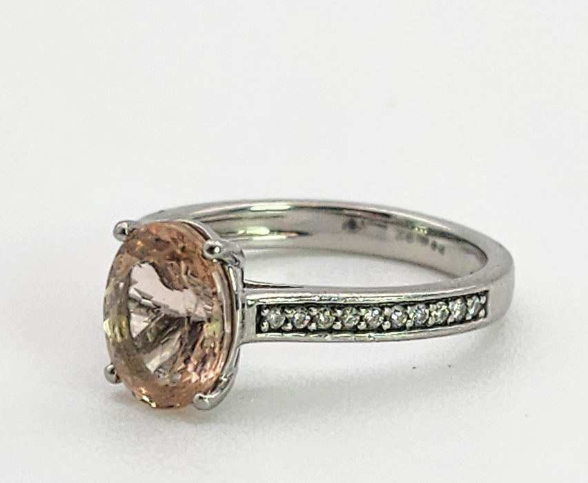 1353: Vintage; Platinum Pink Morganite 20 Diamonds Ring- pitch perfect pink, platinum