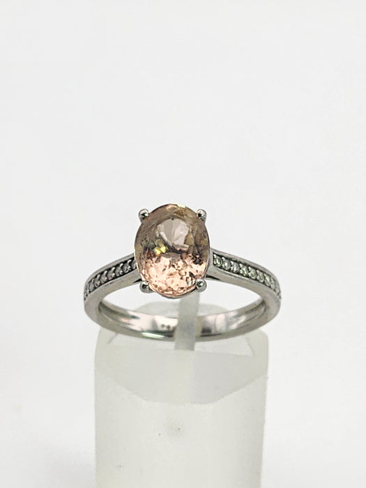 1353: Vintage; Platinum Pink Morganite 20 Diamonds Ring- pitch perfect pink, platinum