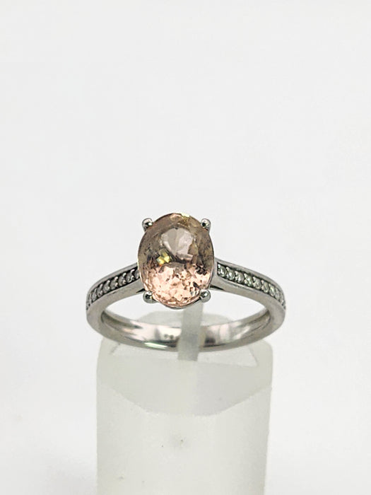 1353: Vintage; Platinum Pink Morganite 20 Diamonds Ring- pitch perfect pink, platinum
