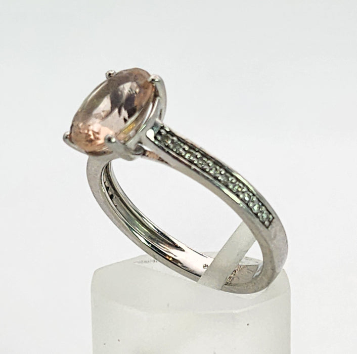 1353: Vintage; Platinum Pink Morganite 20 Diamonds Ring- pitch perfect pink, platinum